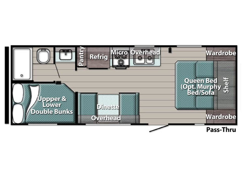 248Bh floor plan: shown with queen bed, double bed bunks, booth dinette, bathroom and kitchen